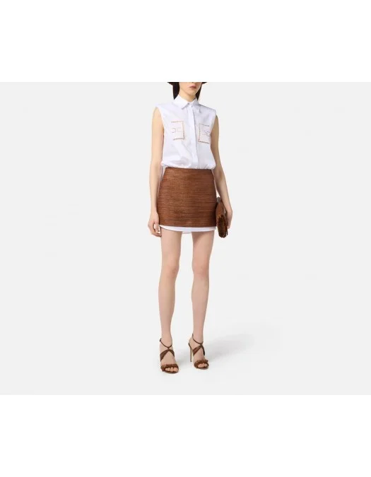 CAMASA ELISABETTA FRANCHI, Openwork Embroideries, Raffia, White Brown - AB83355E3123 CAMASA ELISABETTA FRANCHI, Openwork Embroideries, Raffia, White Brown - AB83355E3123