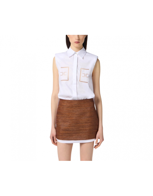 CAMASA ELISABETTA FRANCHI, Openwork Embroideries, Raffia, White Brown - AB83355E3123 CAMASA ELISABETTA FRANCHI, Openwork Embroideries, Raffia, White Brown - AB83355E3123