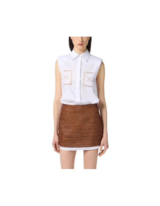CAMASA ELISABETTA FRANCHI, Openwork Embroideries, Raffia, White Brown - AB83355E3123 CAMASA ELISABETTA FRANCHI, Openwork Embroideries, Raffia, White Brown - AB83355E3123