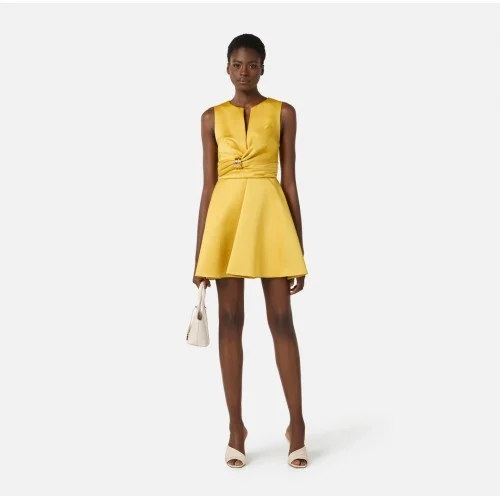 Rochie ELISABETTA FRANCHI, Duchess satin dress with jewel detail, Galben