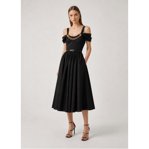 Rochie ELISABETTA FRANCHI, Stretch cotton dress with jewel chain, Negru