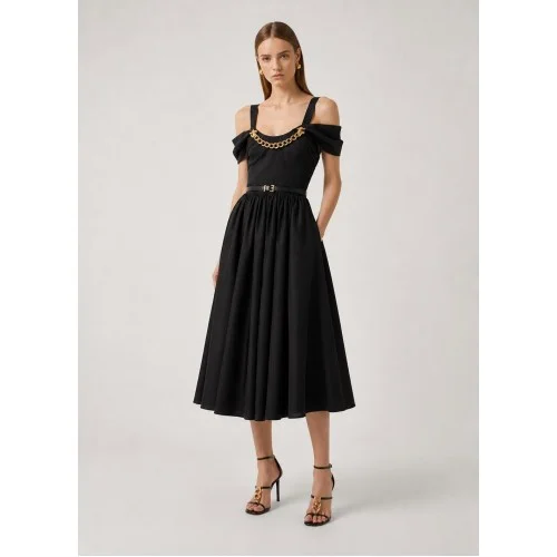 Rochie ELISABETTA FRANCHI, Stretch cotton dress with jewel chain, Negru