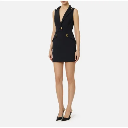 Rochie ELISABETTA FRANCHI, Mini dress in double layer stretch crêpe fabric with logo details, Negru