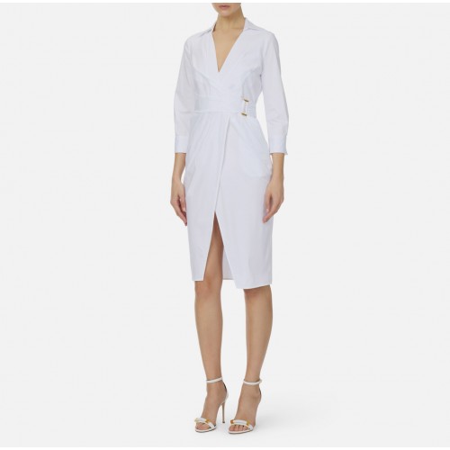 Rochie ELISABETTA FRANCHI, Elegant dress with waist belt and front slit, Alb