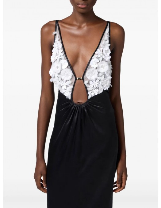 ROCHIE ELISABETTA FRANCHI, 3D Floral, Long, Silk, White Details, Black - ABR5752E2309 ROCHIE ELISABETTA FRANCHI, 3D Floral, Long, Silk, White Details, Black - ABR5752E2309