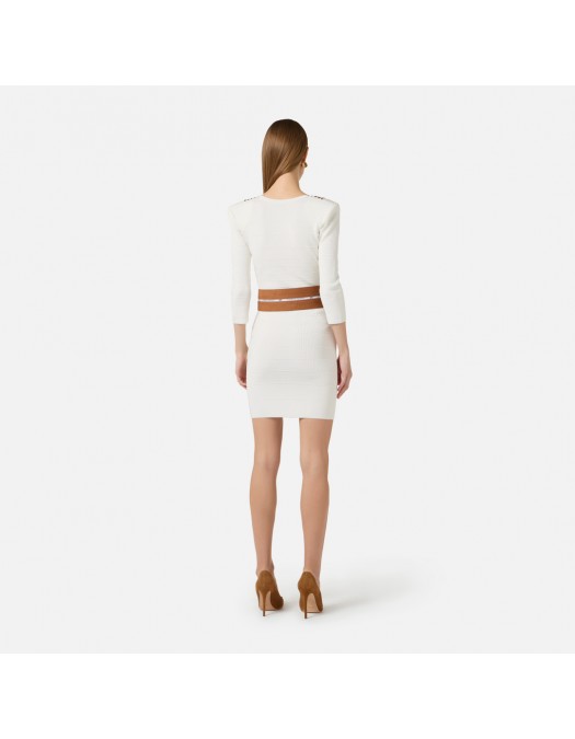 Rochie ELISABETTA FRANCHI, Knit fabric dress with striped bands, Alb - AM01S61E2AQ6