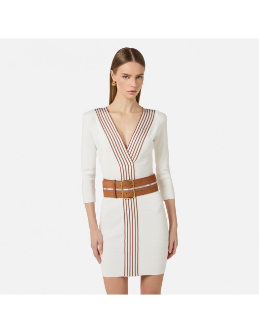 Rochie ELISABETTA FRANCHI, Knit fabric dress with striped bands, Alb - AM01S61E2AQ6