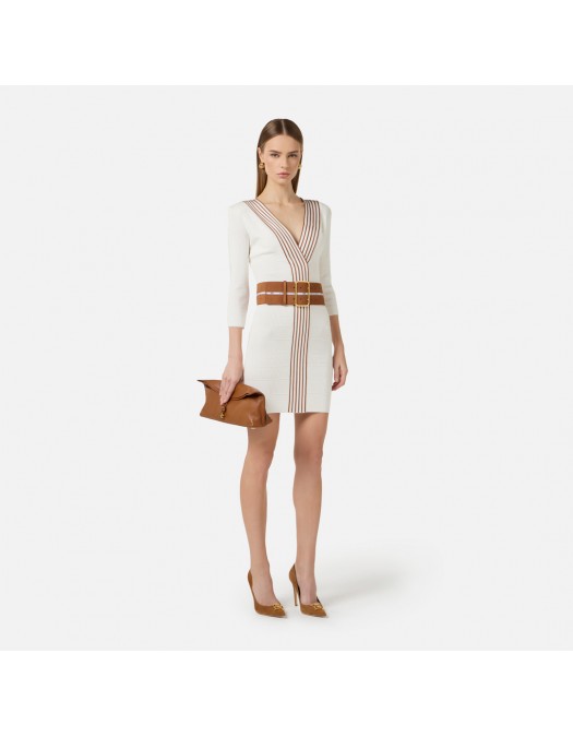 Rochie ELISABETTA FRANCHI, Knit fabric dress with striped bands, Alb - AM01S61E2AQ6