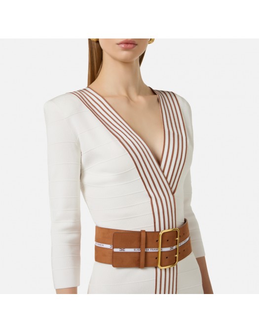 Rochie ELISABETTA FRANCHI, Knit fabric dress with striped bands, Alb - AM01S61E2AQ6