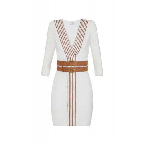 Rochie ELISABETTA FRANCHI, Knit fabric dress with striped bands, Alb