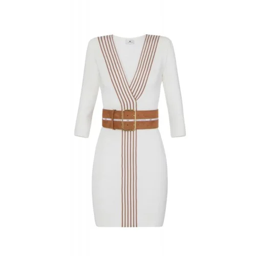 Rochie ELISABETTA FRANCHI, Knit fabric dress with striped bands, Alb