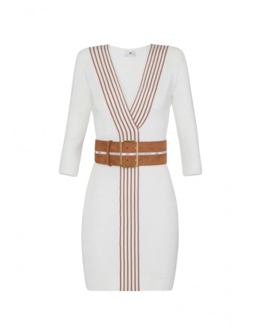 Rochie ELISABETTA FRANCHI, Knit fabric dress with striped bands, Alb - AM01S61E2AQ6
