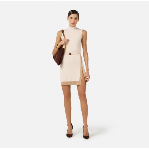 Rochie ELISABETTA FRANCHI,  knit fabric with shiny viscose bands, Beige