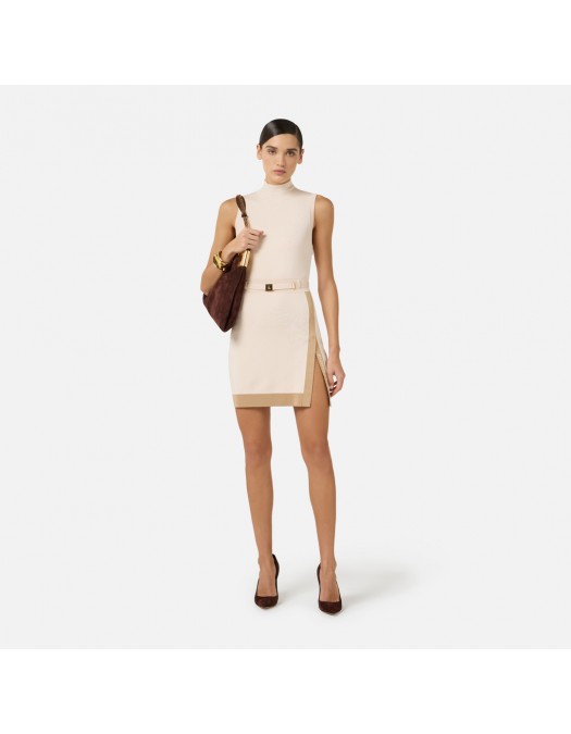 Rochie ELISABETTA FRANCHI,  knit fabric with shiny viscose bands, Beige - AM02S61E2U69