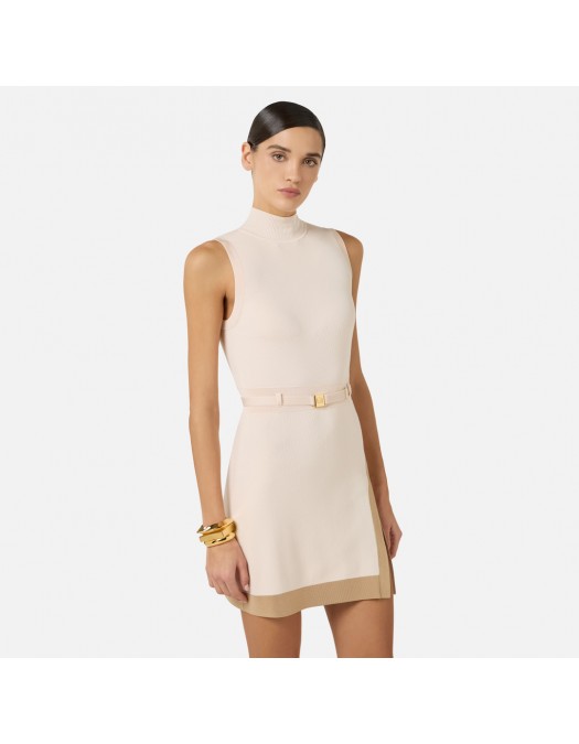 Rochie ELISABETTA FRANCHI,  knit fabric with shiny viscose bands, Beige - AM02S61E2U69