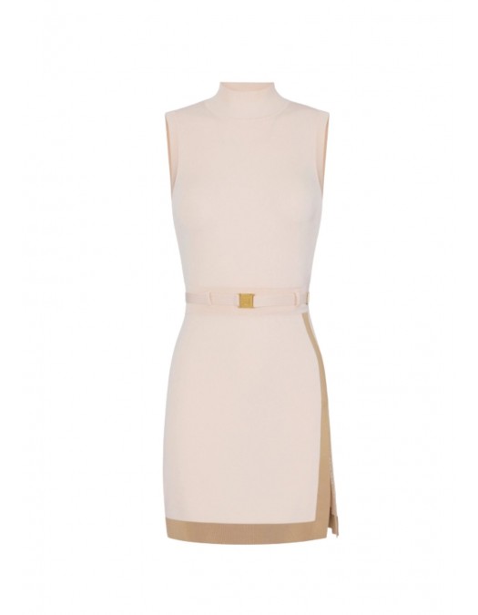 Rochie ELISABETTA FRANCHI,  knit fabric with shiny viscose bands, Beige - AM02S61E2U69