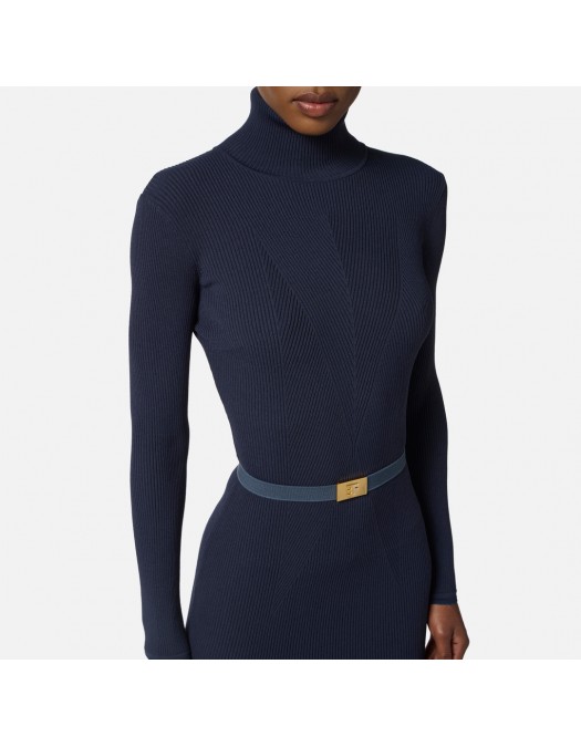 Rochie ELISABETTA FRANCHI,Dress in ribbed knit fabric with belt, Bleumarin - AM07B56E2EA8 Rochie ELISABETTA FRANCHI,Dress in ribbed knit fabric with belt, Bleumarin - AM07B56E2EA8