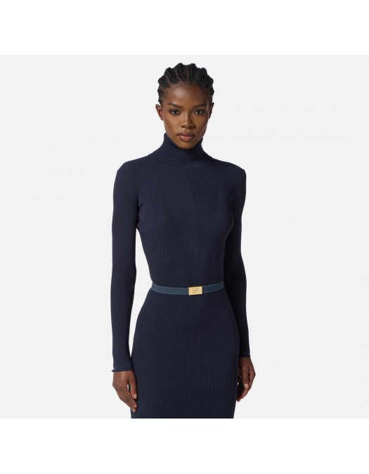 Rochie ELISABETTA FRANCHI,Dress in ribbed knit fabric with belt, Bleumarin - AM07B56E2EA8 Rochie ELISABETTA FRANCHI,Dress in ribbed knit fabric with belt, Bleumarin - AM07B56E2EA8
