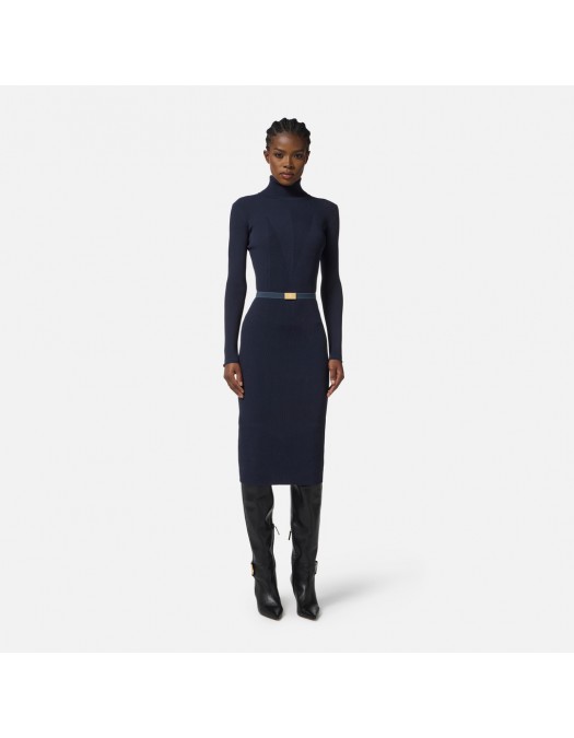 Rochie ELISABETTA FRANCHI,Dress in ribbed knit fabric with belt, Bleumarin - AM07B56E2EA8 Rochie ELISABETTA FRANCHI,Dress in ribbed knit fabric with belt, Bleumarin - AM07B56E2EA8