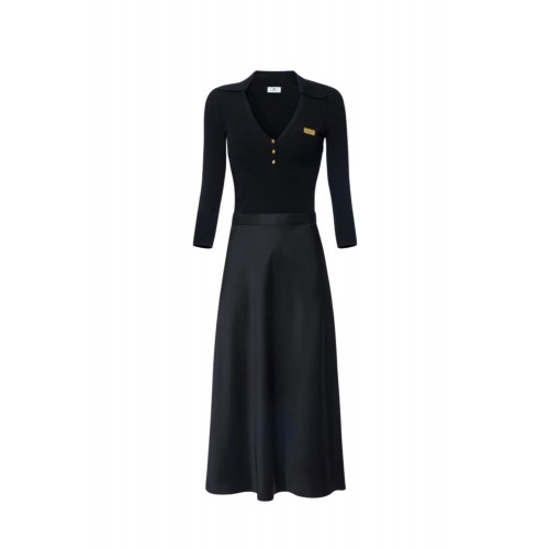 Rochie ELISABETTA FRANCHI, Satin dress in knit fabric with micro-braids, Negru