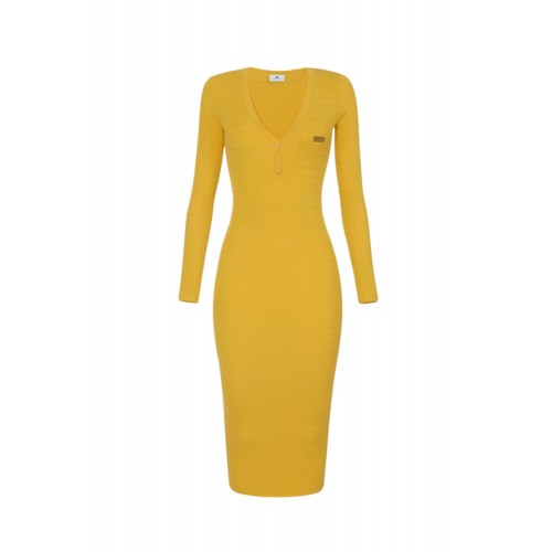 Rochie ELISABETTA FRANCHI, Micro-braided dress in knit fabric, Galben