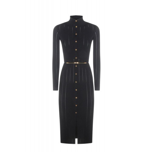 Rochie ELISABETTA FRANCHI, openwork knit fabric with jewel belt, Negru