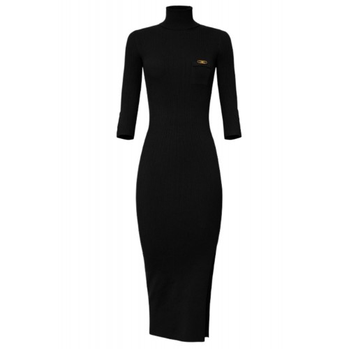Rochie ELISABETTA FRANCHI, Guler inalt, ribbed knit fabric, Negru Rochie ELISABETTA FRANCHI, Guler inalt, ribbed knit fabric, Negru