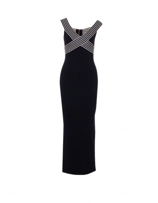 Rochie ELISABETTA FRANCHI, long black dress with striped bands - AM75S61E2685