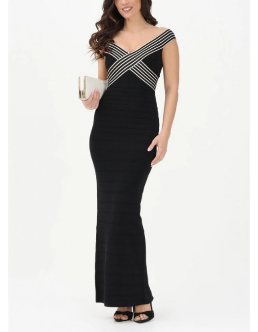 Rochie ELISABETTA FRANCHI, long black dress with striped bands - AM75S61E2685