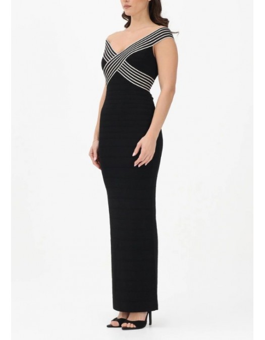 Rochie ELISABETTA FRANCHI, long black dress with striped bands - AM75S61E2685