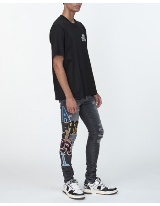 Jeans AMIRI, Varsity Patch Stretch Denim Jeans Grey, Regular Fit - AMBMJE1018599