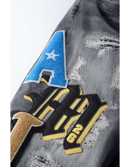 Jeans AMIRI, Varsity Patch Stretch Denim Jeans Grey, Regular Fit - AMBMJE1018599