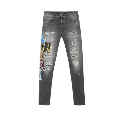 Jeans AMIRI, Varsity Patch Stretch Denim Jeans Grey, Regular Fit