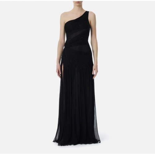 Rochie ELISABETTA FRANCHI, Red Carpet dress in crepon fabric with embroideries, Negru