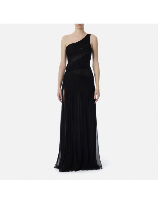 Rochie ELISABETTA FRANCHI, Red Carpet dress in crepon fabric with embroideries, Negru - AR81J62E2110