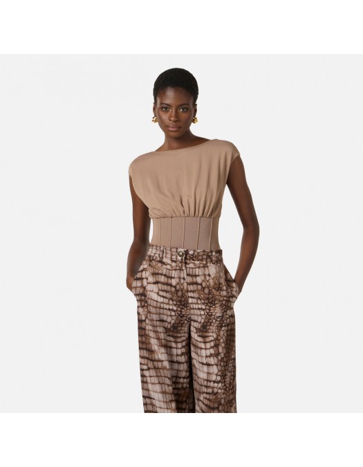 Top ELISABETTA FRANCHI, Crewneck Knit Bodysuit, Beige - BK78T62E2229