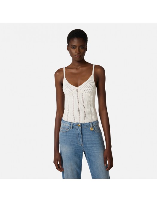 Top ELISABETTA FRANCHI, Knit openwork bodysuit, Alb - BK85B62E2360