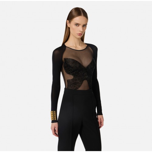 Top ELISABETTA FRANCHI,  jersey and tulle with crystals, Negru