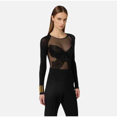 Top ELISABETTA FRANCHI,  jersey and tulle with crystals, Negru