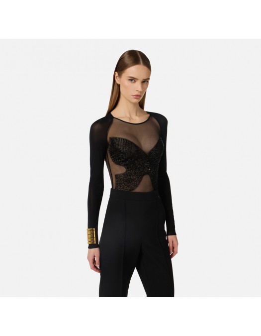 Top ELISABETTA FRANCHI,  jersey and tulle with crystals, Negru - BO01061E3110
