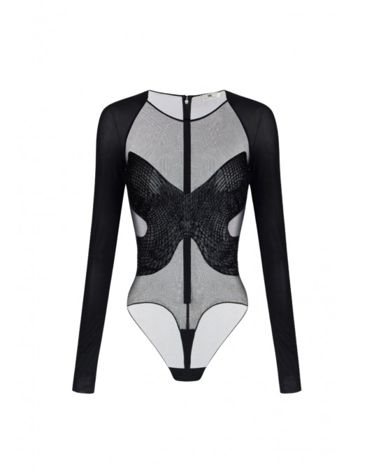 Top ELISABETTA FRANCHI,  jersey and tulle with crystals, Negru - BO01061E3110