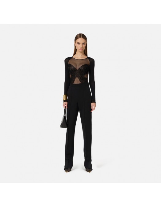 Top ELISABETTA FRANCHI,  jersey and tulle with crystals, Negru - BO01061E3110