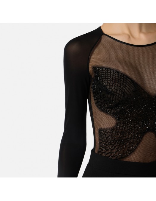 Top ELISABETTA FRANCHI,  jersey and tulle with crystals, Negru - BO01061E3110