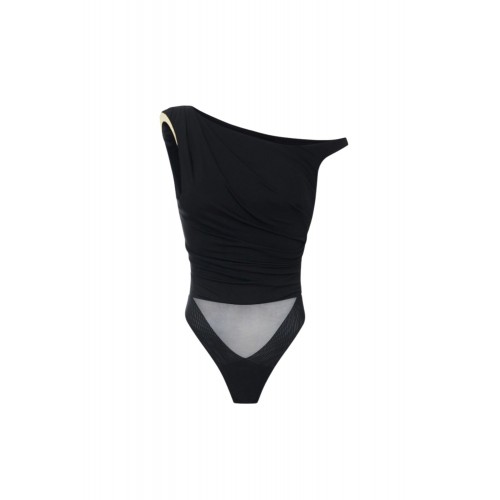Top ELISABETTA FRANCHI, Bodysuit in jersey fabric with jewel shoulder detail, Negru
