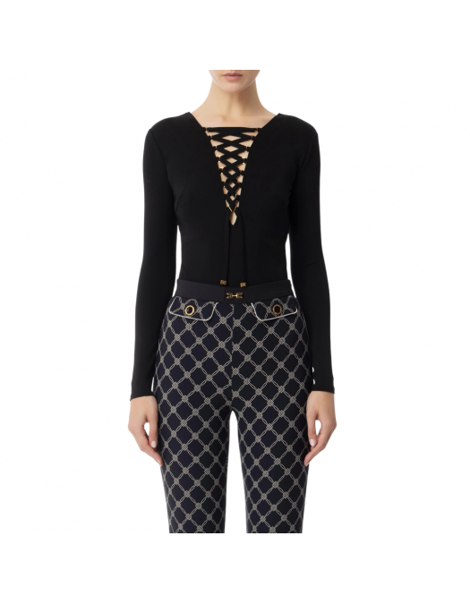 BLUZA ELISABETTA FRANCHI, Bodysuit, Laces Details, Black - BO01951E2110