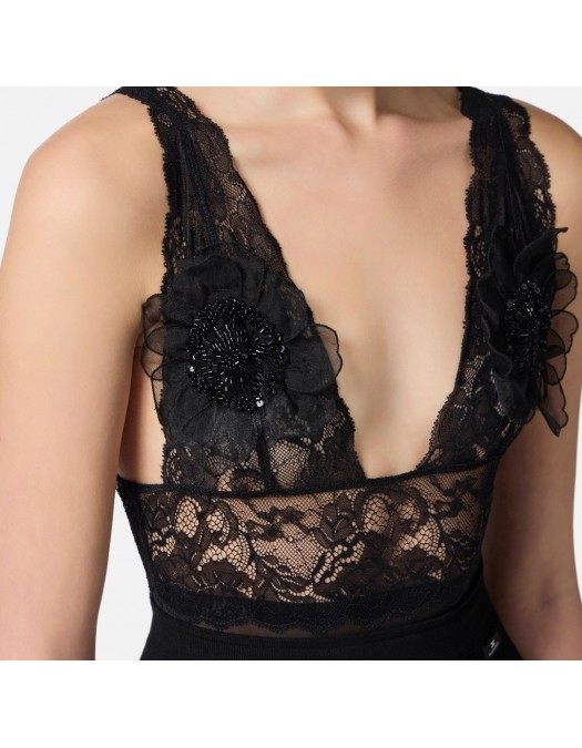 TOP ELISABETTA FRANCHI, Lace, Tulle Design, 3D Flowers,Black - BO03452E2110 TOP ELISABETTA FRANCHI, Lace, Tulle Design, 3D Flowers,Black - BO03452E2110