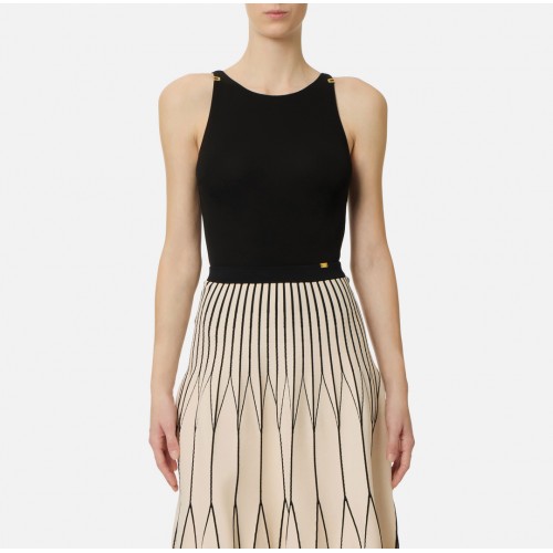 Top ELISABETTA FRANCHI, Bodysuit in crêpe jersey fabric with logo details, Negru