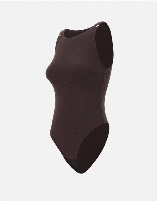 Top ELISABETTA FRANCHI, Bodysuit in crêpe jersey fabric with logo details, Maro - BO03462E2EV9