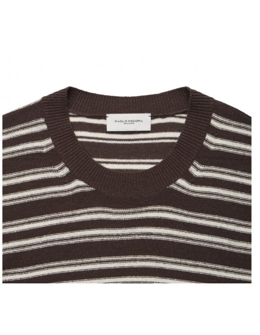 Tricou PAOLO PECORA, Dark Brown Striped Silk, Loose Fit - C1MA005F6002345