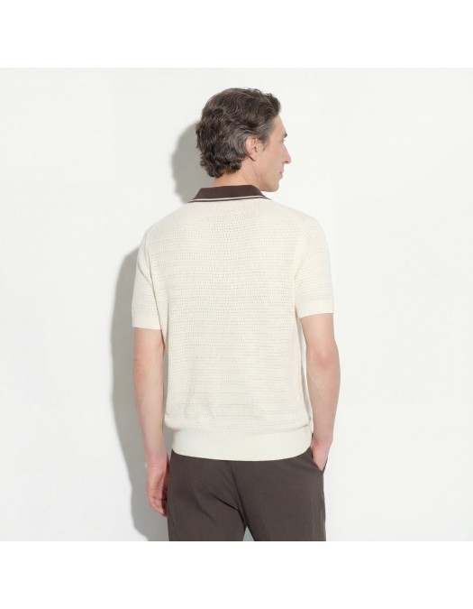 Tricou PAOLO PECORA, Silk Polo Shirt  with Contrast Details, Cream - C1MA020F6001102